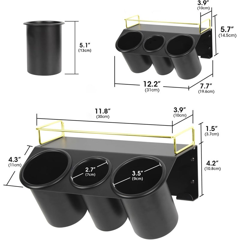 Support de sèche-cheveux pour meuble-lavabo mural, accessoires de coiffure, outils de rangement, 3 tasses, support de rangement avec tablette, acier noir doré - Mk1002a (noir)