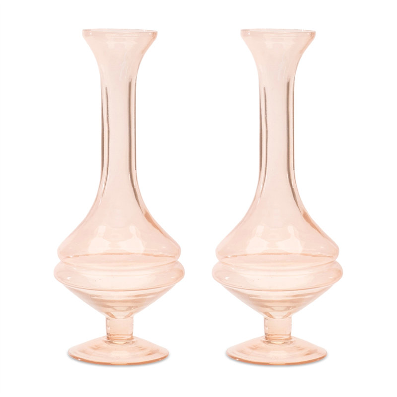 Set of Two 9" Pink Glass Trumpet Table Vases