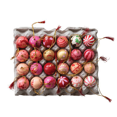 24-Piece Hand-Painted Paper Mache Ball Ornaments with Tassel in Egg Crate