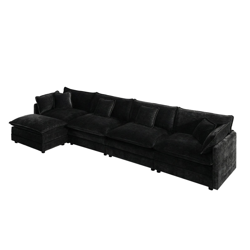Canapé modulaire en chenille noir, canapé convertible 4 places en U avec repose-pieds, Chenille noir