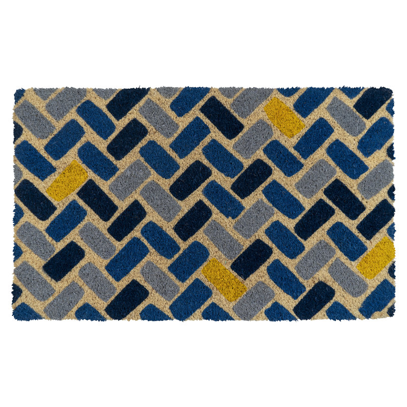 Geometric Blue and Yellow Coir Outdoor Doormat, 17" x 28"