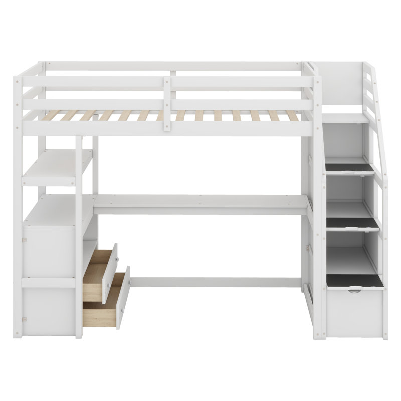 Lit mezzanine avec bureau et tablettes, deux tiroirs intégrés, escalier de rangement, Blanc