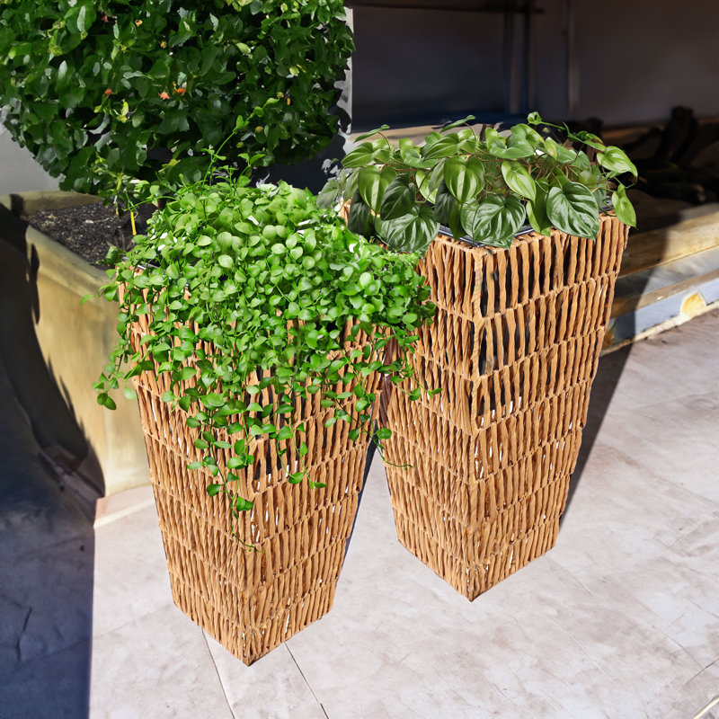 Tenacia 2pc Hyacinth 11" x 11" x 24" Square Barley Poly-Wicker Planter with Liner, Brown