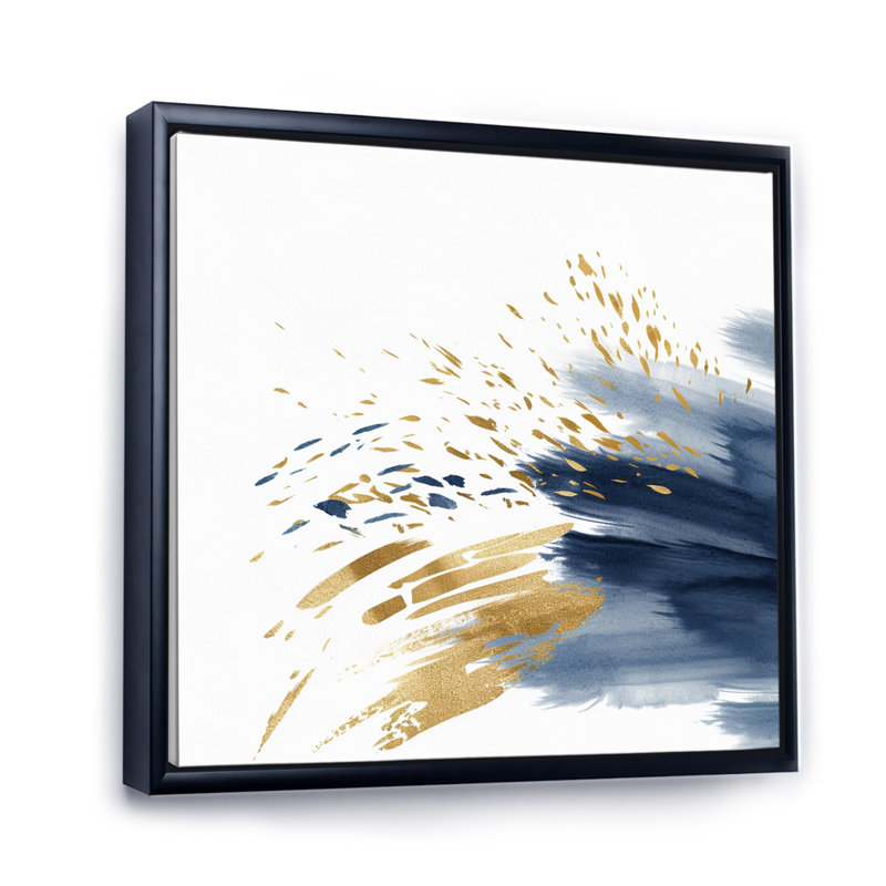 Bleu foncé et or abstrait VI, Cadre flottant noir, H 24 po x l 24 po x P 1 po