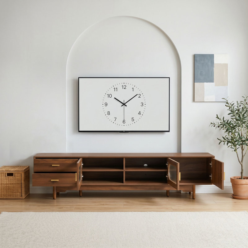 Meuble télé contemporain avec portes en verre cannelé, 2 tiroirs et trous de câbles intégrés