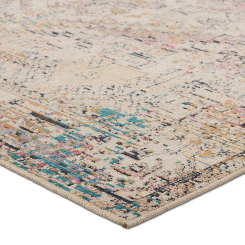 Tapis oriental brun / ivoire / bleu en polyester / polypropylène tissé à la machine Forand, Rectangle 4 pi x 5 pi 7 po