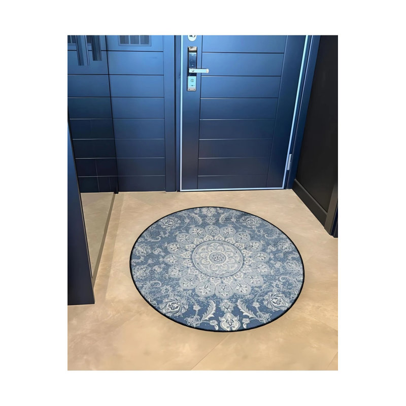 Blue Themed Ethnic Motif Traditional Patterned Round Woven Base Vintage Decorative Carpet, Round 3'4"
