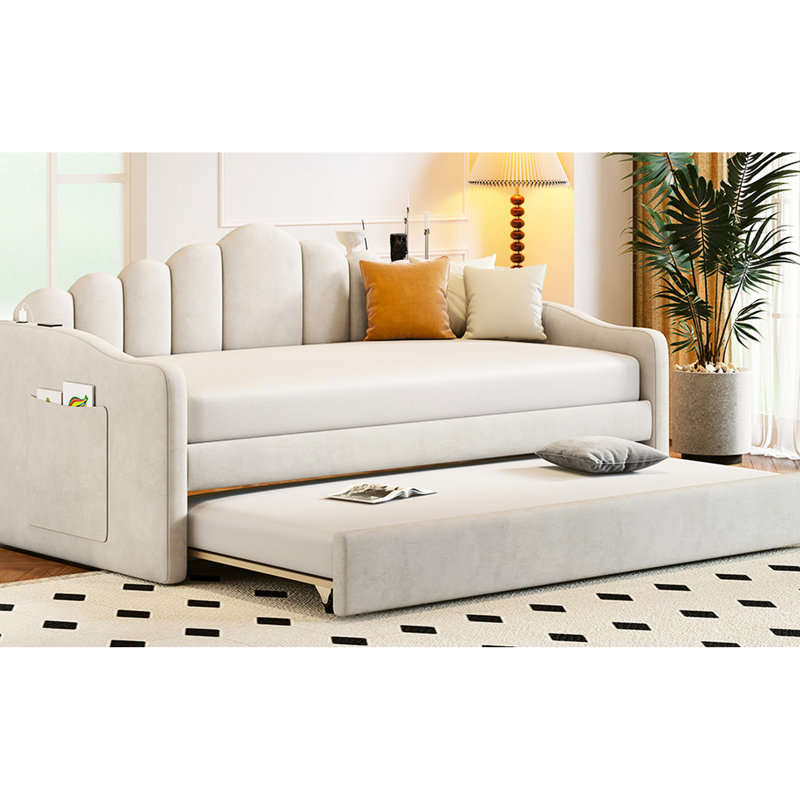 Twin Sized Upholstered Daybed With Trundle, In Delightful Beige Size Velvet Trundle And - Elegant Flair, Beige