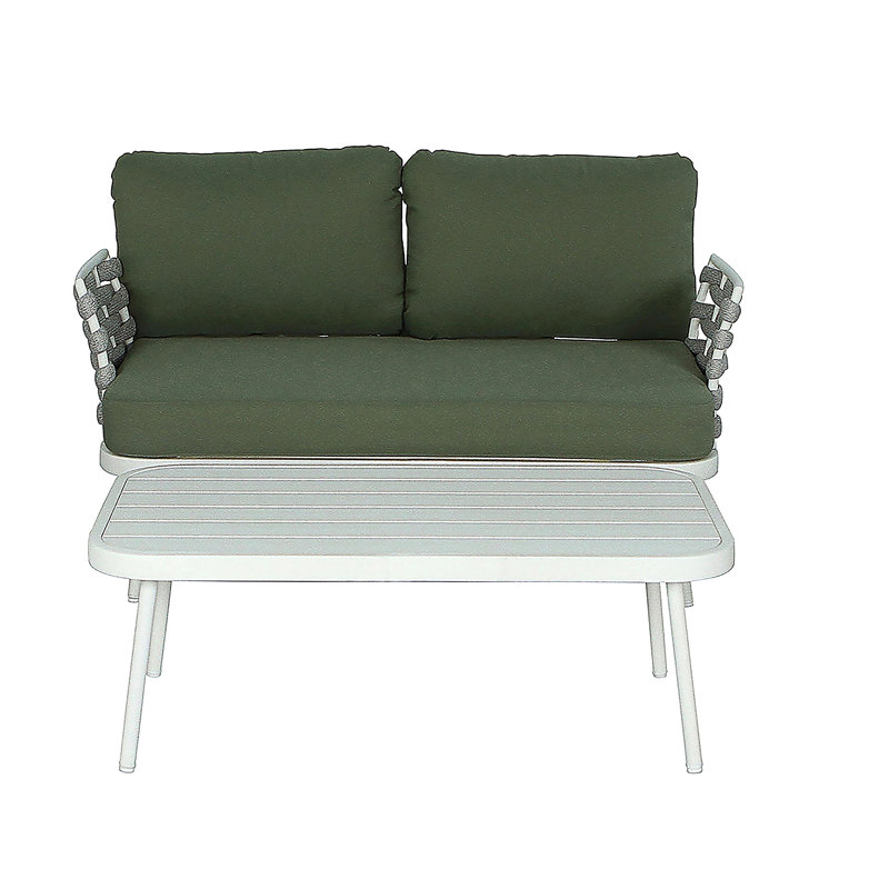 Causeuse et table en acier Mariano, blanc cassé et vert, Coussin vert / cadre blanc cassé