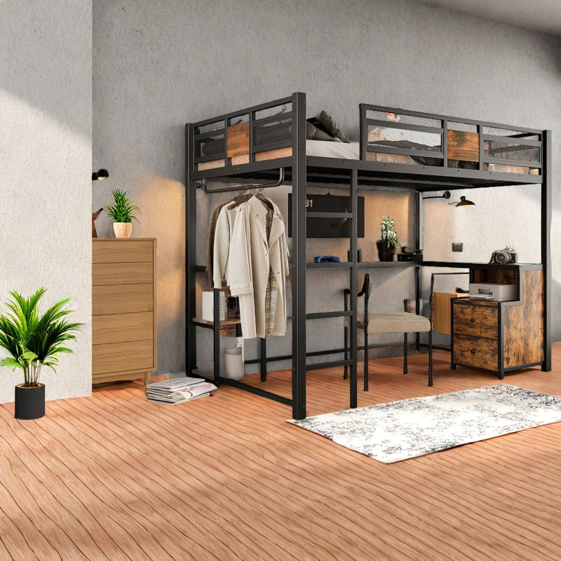 Lit mezzanine en métal peu encombrant avec bureau, rangement moderne, noir