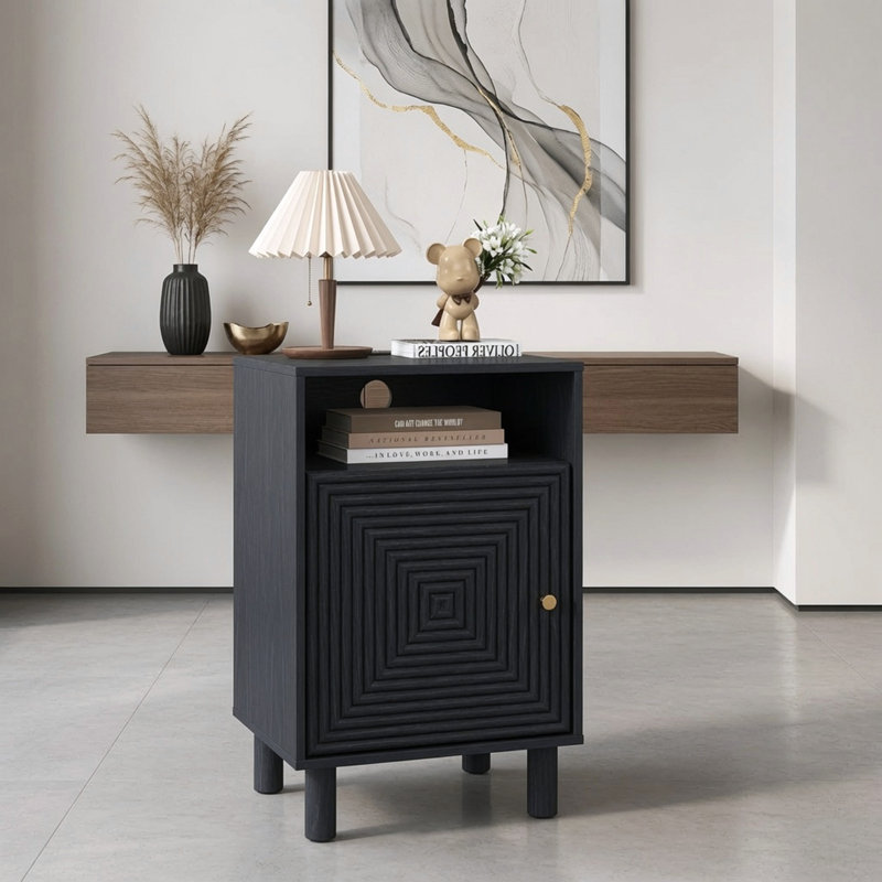 Table de chevet noire de 15,7 po de largeur avec station de charge et rangement, pieds en bois massif