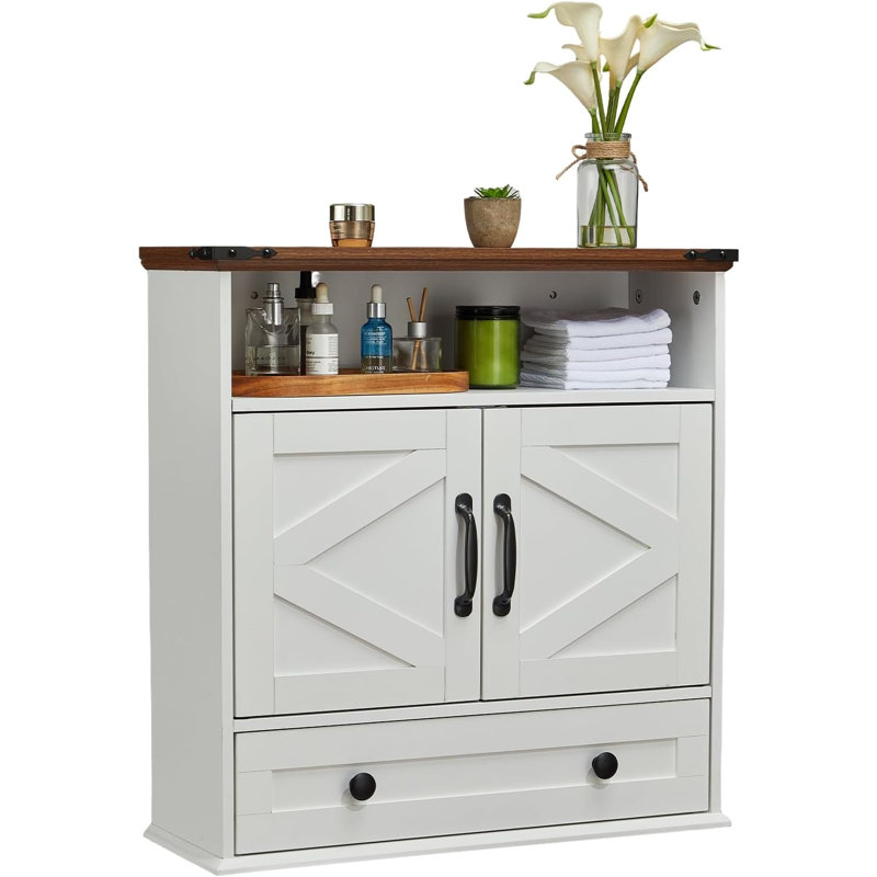 Armoire à pharmacie murale avec tablettes réglables, portes de grange doubles et tiroir amovible - Armoire de rangement rustique pour salle de bain, salle de bain, cuisine, couloir