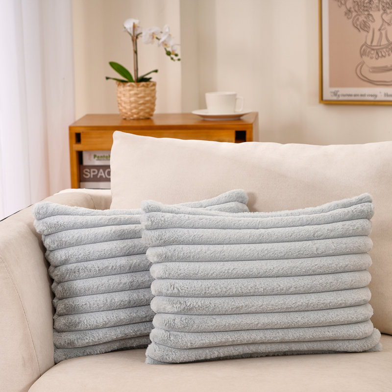 Striped Faux Fur Reversible Pillow Cover, Gray