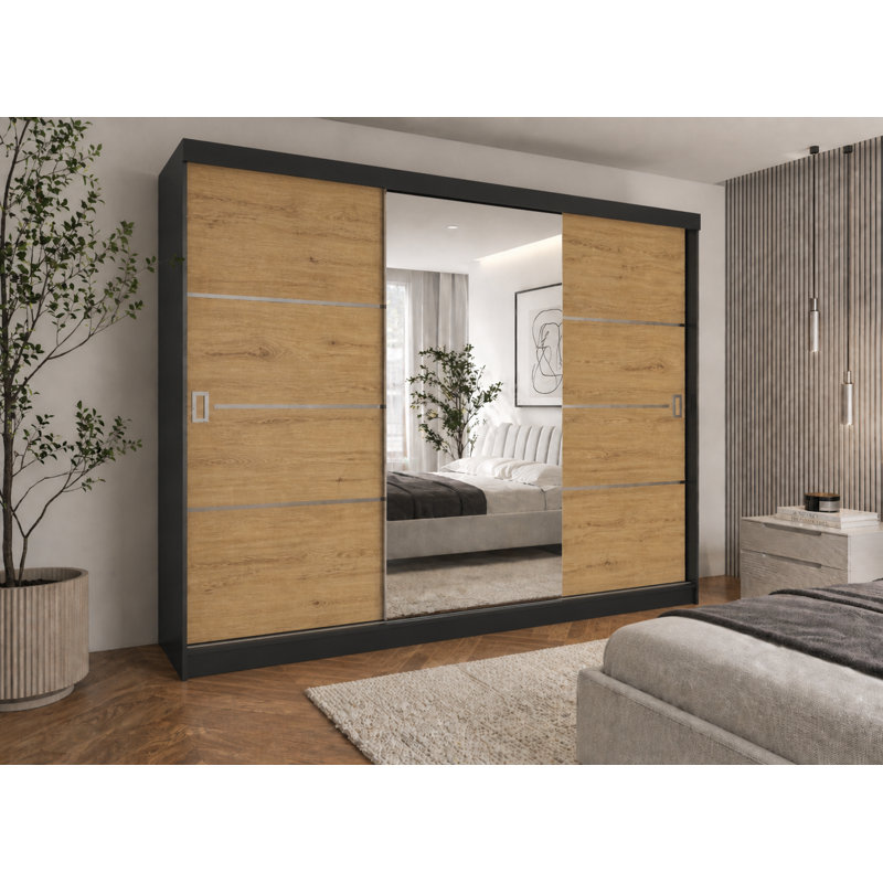 Amalberga 3 Door Solid + Manufactured Wood Wardrobe, Black/Natural