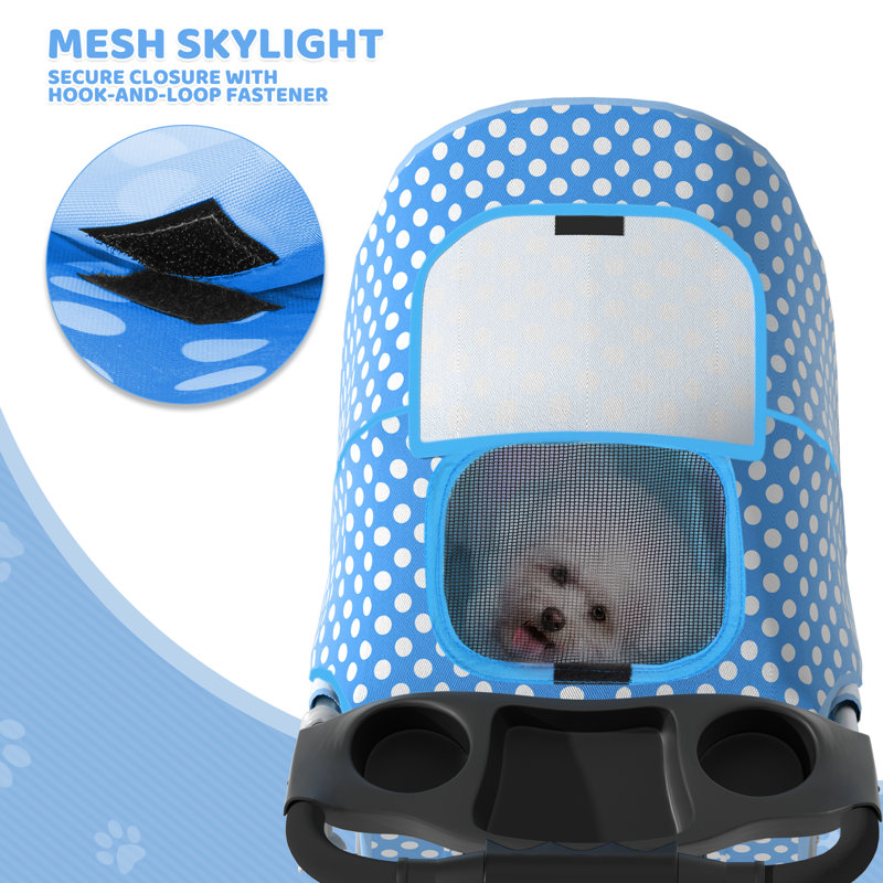 Sky Blue Polka Dot Foldable Pet Stroller with Storage