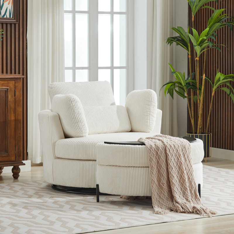 Achorn Upholstered Slipcovered Swivel Barrel Chair with Ottoman, Ivory Corduroy