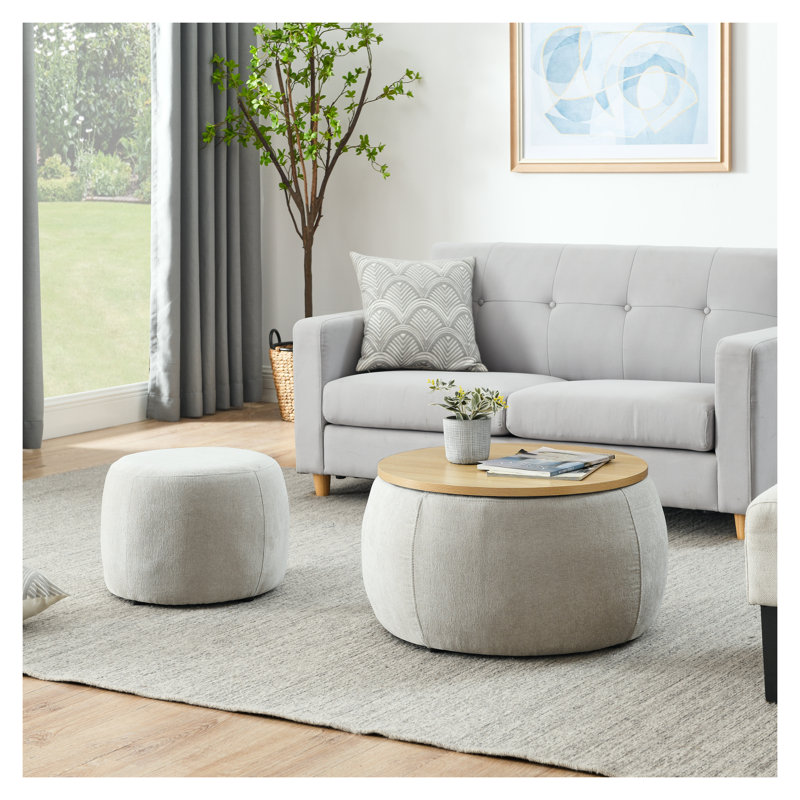 Repose-pieds rond avec rangement 2 en 1 - Meuble d'appoint multifonction gris clair, fonctionne comme table de bout et siège supplémentaire, aucun assemblage requis