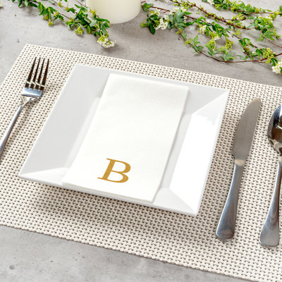 Restaurantware Paper Napkins Pack of 2000 Gold Letter B Linen-Feel Disposable Guest Towels 15.75 x 7.87 Inches, Elegant Airlaid Gold Printed Design White Napkins with Monogram for Events