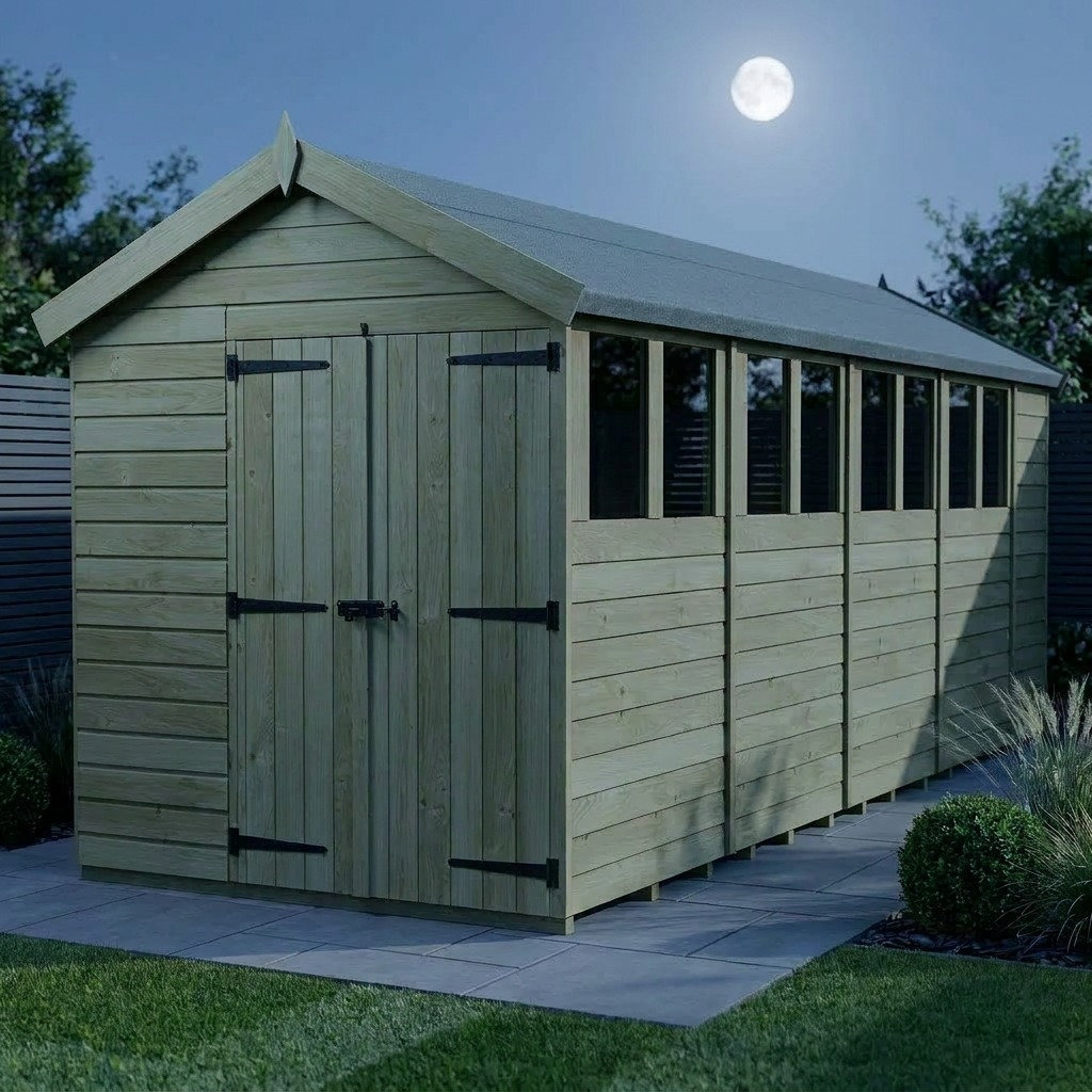 Total Sheds 7ft x 19ft Apex Garden Shed - Double Door - With Windows - Pressure Treated Timber - UK Manufactured