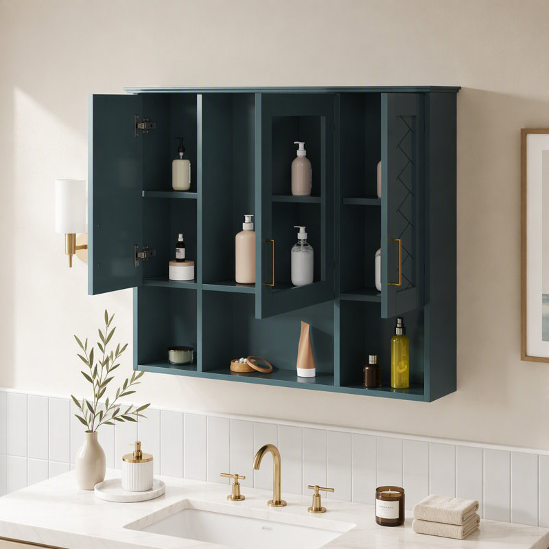 Armoire à pharmacie murale 2 en 1 avec miroir HD et tablettes réglables, Blue
