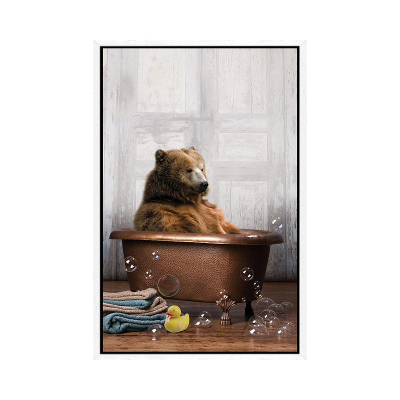 Bear In The Tub by Domonique Brown - Print on Canvas, White Framed Canvas, 66.04 cm H x 45.72 cm W