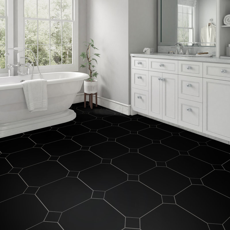 Monocolor Octagon W/Taco 12-1/4 In. X 12-1/4 In. Ceramic Floor And Wall Tile, Black