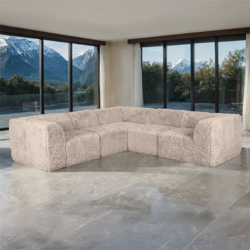 Canapé modulaire symétrique 5 pièces Buehler, Fausse fourrure taupe