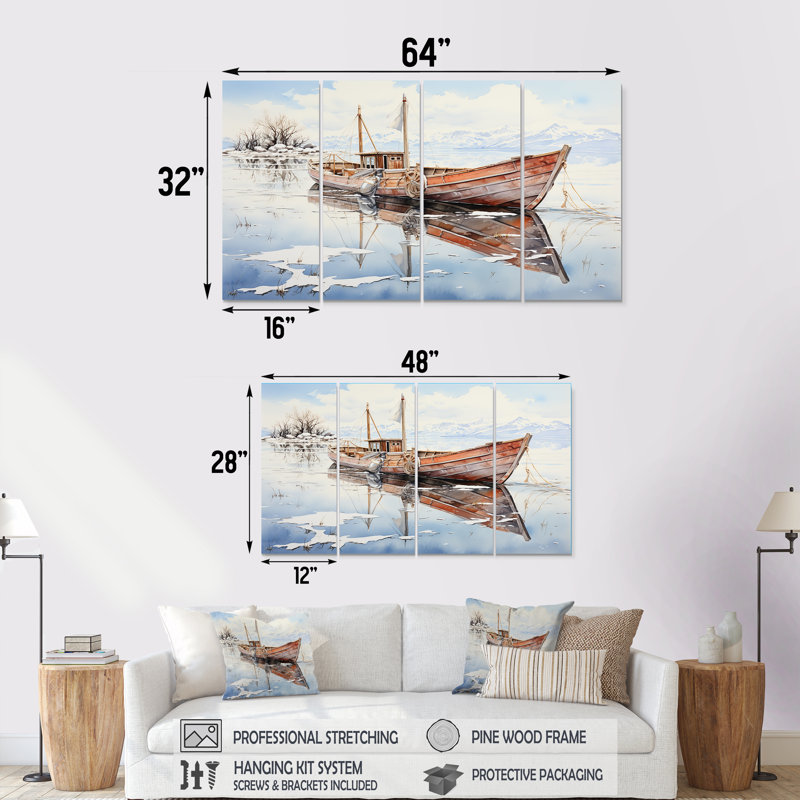 Rouge et blanc, bateau de pêche d'hiver Tranquility II - minimalisme, 4 pièces, art mural, H 32 po x l 64 po
