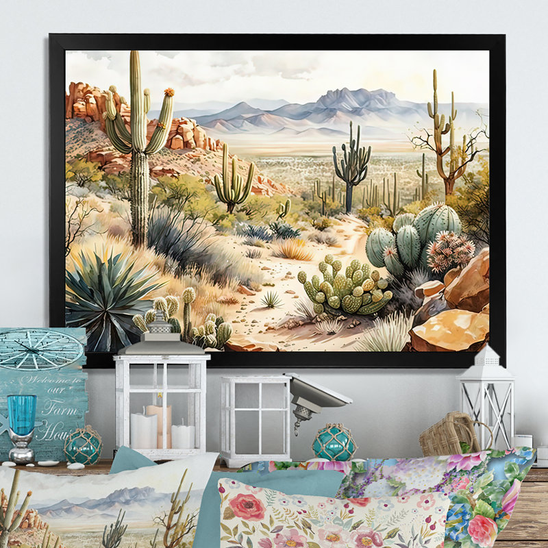 Arizona Desert Cactus I - art mural occidental, Impression noire sur toile encadrée, H 30 po x l 40 po x P 1,5 po