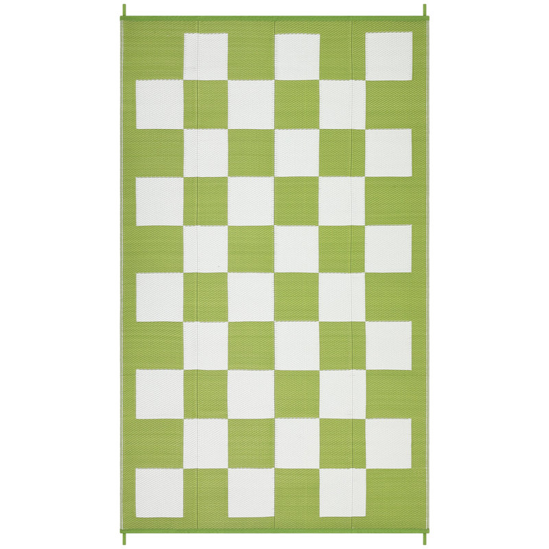 Large Waterproof Outdoor Rug, Reversible Plastic Straw Patio Mat - Modern Geometric Plaid Carpet, UV Resistant, Collapsible for Camping, Picnic, Deck, Backyard - Green White, 8x10ft