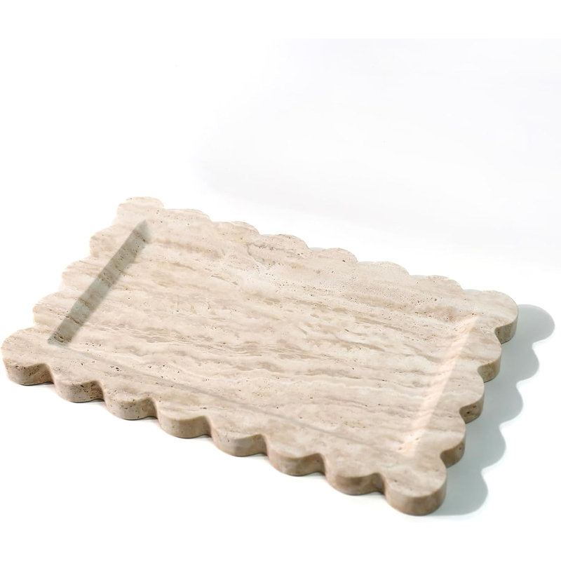 Plateau 100% marbre 11,8 "x7,4" Travertin beige - Rectangle festonné pour salle de bain / cuisine, rangement pour bougies / clés