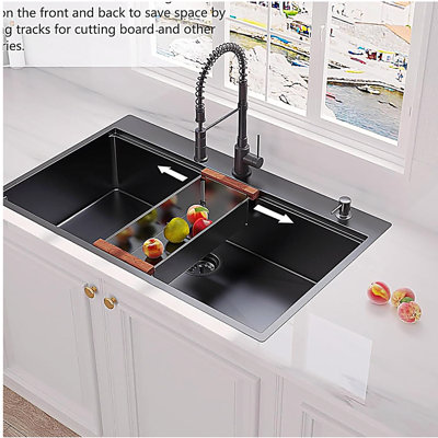 36 Inch Gunmetal Black Drop in Workstation kithchen Sink -36 "x 22" 16 Gauge Topmount Drop in Single Bowl Stainless Steel Kitchen Sink with Accessories