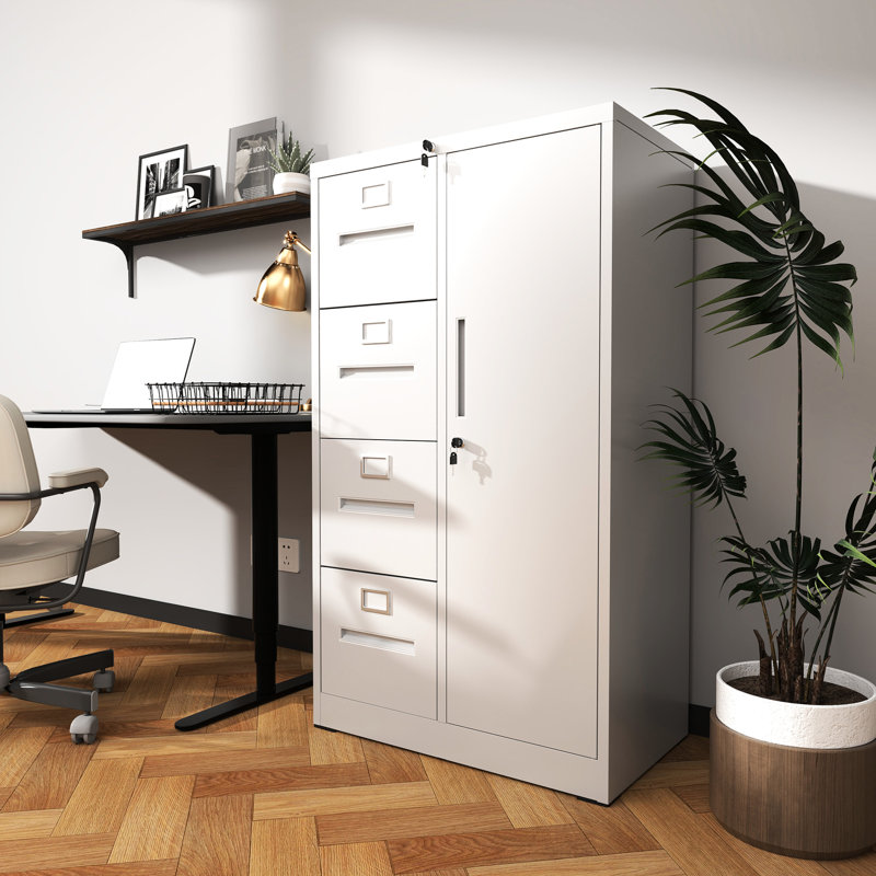 Classeur blanc avec 4 tiroirs et 1 porte pour bureau personnel - Matériau, fonctionnement silencieux, conception stable