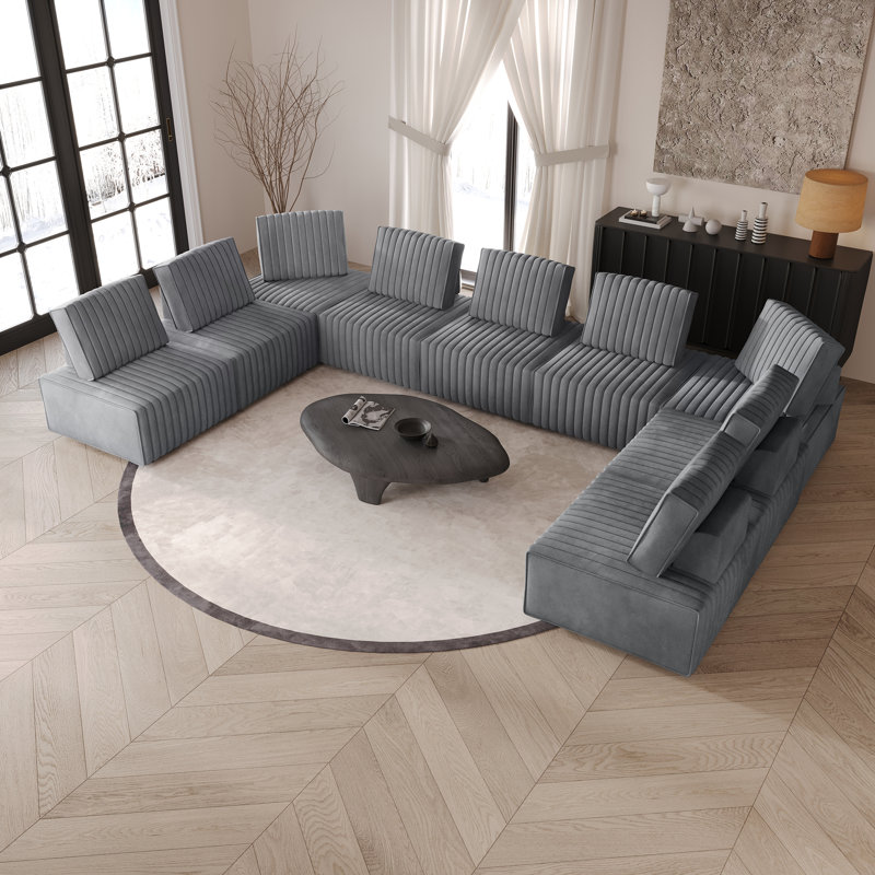 Ensemble de 9 chaises modulaires rembourrées en velours 9 pièces, Gris clair