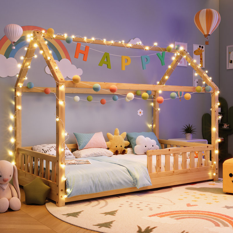 Solid Wood House Bed with Guardrails, Montessori Floor Bed for Kids, Low Profile Toddler Bed Frame with Slats, Natural Wood
