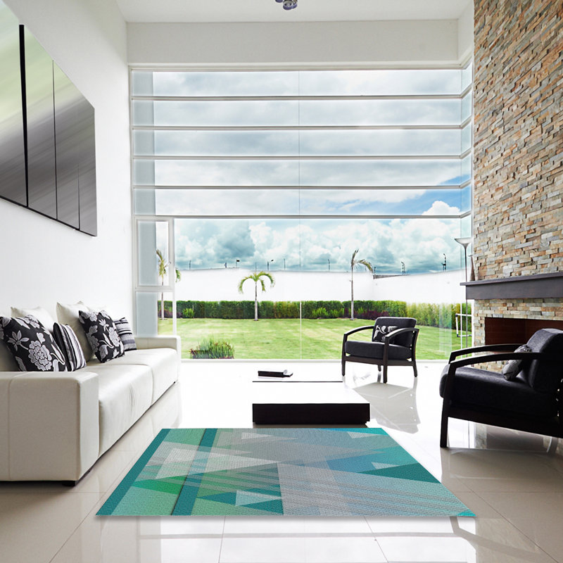 Tapis vert/blanc bleu turquoise à motifs Jeffcoat, Carré 8 pi