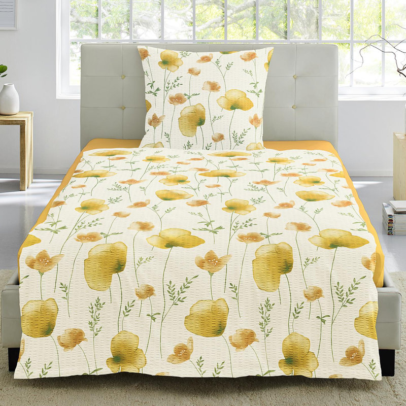 Organic Seersucker Reversible Duvet Cover Set, 155cm W x 200cm L, Yellow