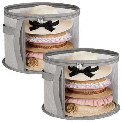 2 Pcs Large Clear Hat Storage Boxes, Foldable Round Cowboy Hat Organizer, Wide Brims Hat Case with Carrying Handles (Black+Gray)