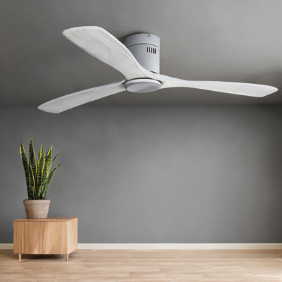 Ventilateur de plafond encastré en bois sculpté de 52 pouces avec moteur à courant continu et télécommande, argent classique, 3 pales, classé humide