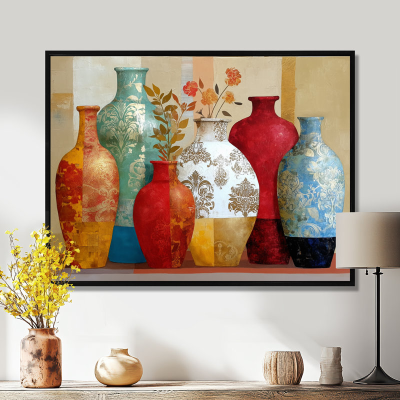 «Boho Plants Moroccan Vases - Morocco Pottery», reproduction d'art sur toile rouge, H 12 po x l 20 po, Cadre flottant, Noir