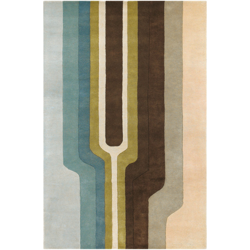 Tapis vert / brun en laine touffeté à la main à motif géométrique, Rectangle 2 pi x 3 pi