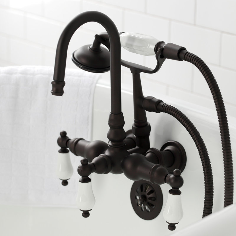 Kingston Brass Vintage Three-Handle 2-Hole Tub Wall Mount Clawfoot Tub Faucet with Hand Shower, Oil Rubbed Bronze