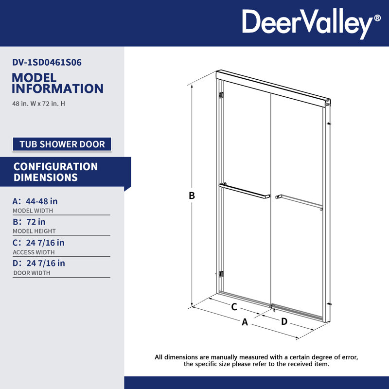 44"-48" W x 72" H Double Sliding Shower Door, Framed Bypass Sliding Door with 1/4'' Tempered Glass, Chrome, Bright Silver