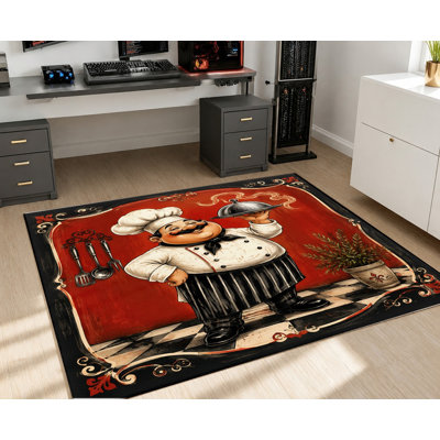 Tapis lavable à motif artistique de chef, rouge et noir, style graphique français, surface velours, doux et antidérapant, décoration intérieure moderne pour salon, chambre, entrée, bureau, balcon, appartement