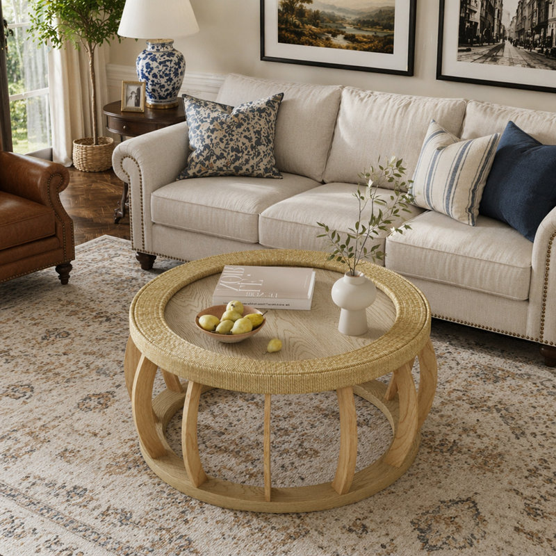 Rattan Solid Wood Round Coffee Table, Curved Legs Boho Accent Table