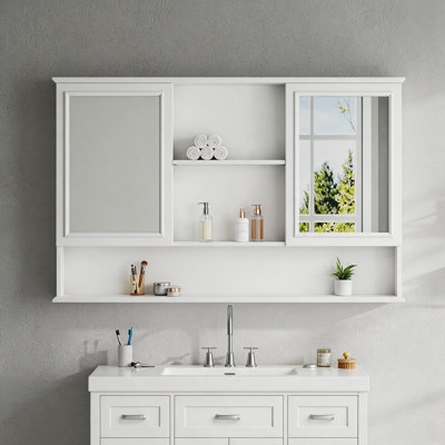 60" Wall-Mounted Bathroom Medicine Cabinet with Double Mirrored Doors, Adjustable Shelves, Open Storage, Soft-Close Hinges