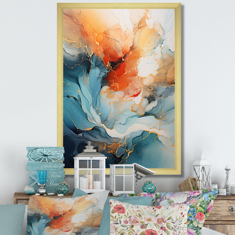 Teal Orange Bold Abstract Flow Collage II - Dams, impressions encadrées, Cadre photo unique, H 32 po x l 24 po, Doré