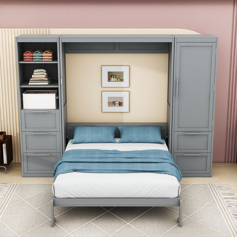 5 Drawers Wood Queen Murphy Bed Wall Bed with Closet and Shelves, Gray