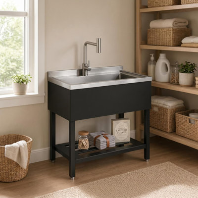 Évier utilitaire autoportant de 91 cm avec robinet extractible, grand bac à lessive à cuve, noir