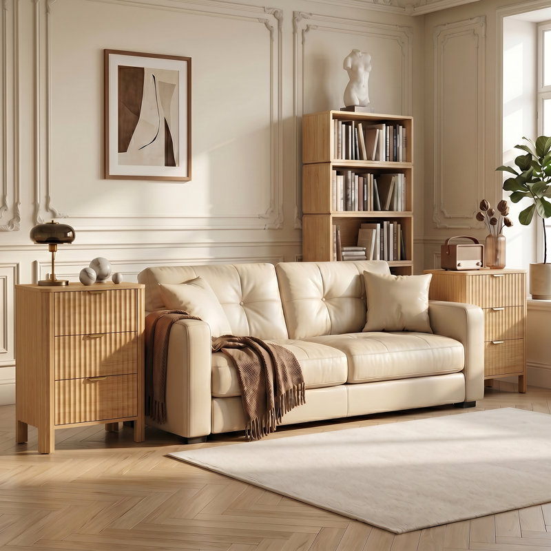 Ensemble de 2 tables de chevet cannelées à 2 tiroirs avec station de charge, table de chevet incurvée avec poignée, Beige
